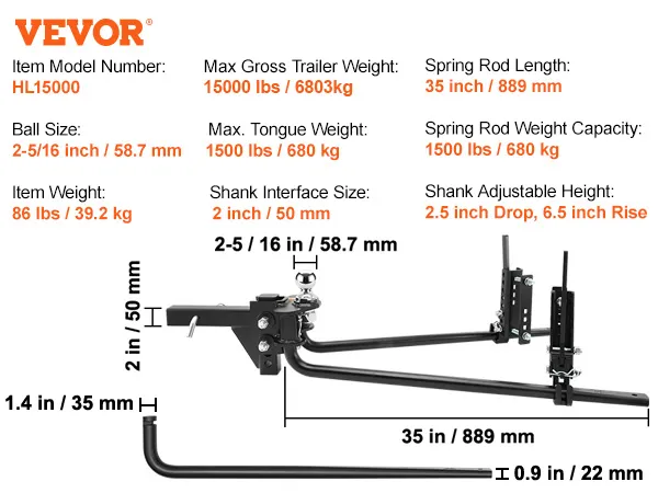 Enganche de distribución de peso VEVOR hl15000, capacidad de 17000 lb, tamaño de bola de 2-5/16 pulgadas, altura de vástago ajustable.