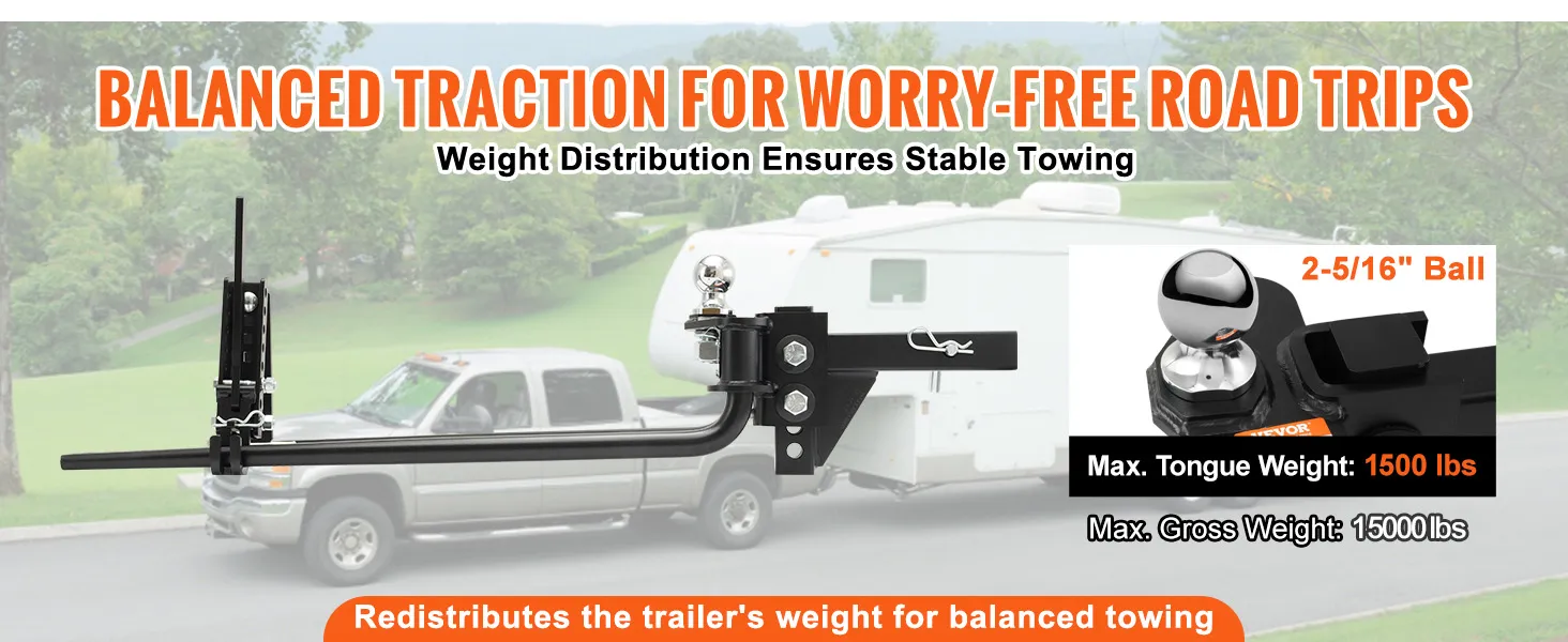 balanced traction VEVOR weight distribution hitch with 2-5/16" ball, 1500 lbs tongue weight, 17000 lbs gross weight.