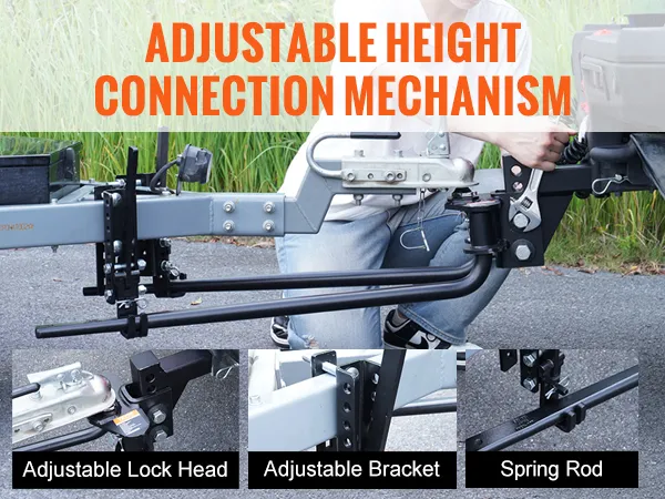 Enganche de distribución de peso VEVOR que presenta un mecanismo de altura ajustable, soporte seguro y alineación del remolque.