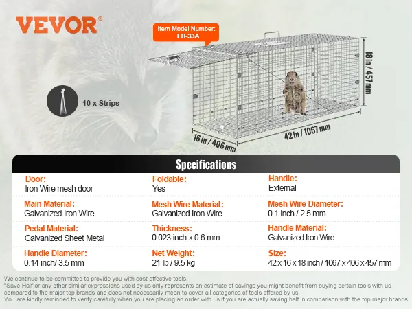 VEVOR-Käfigfalle für lebende Tiere mit Abmessungen, Spezifikationen und Funktionen, konzipiert für das humane Fangen.