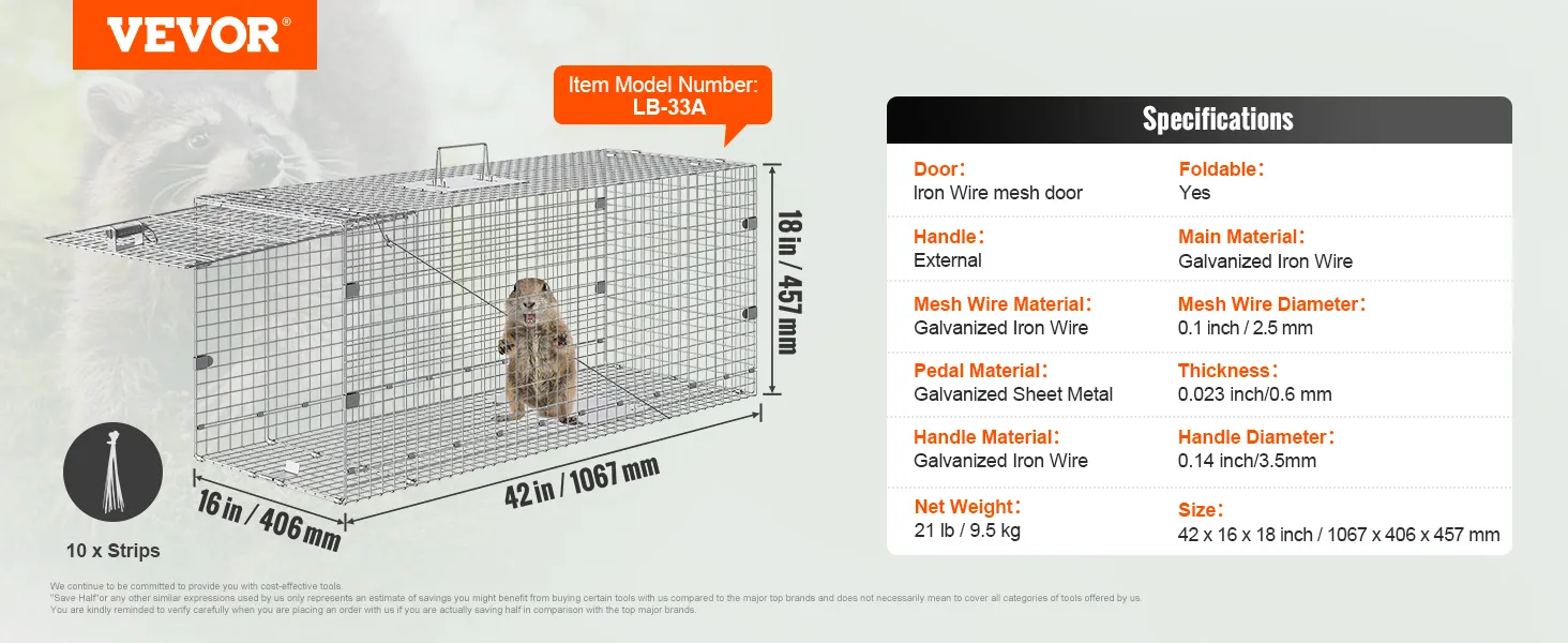 VEVOR-Käfigfalle für lebende Tiere mit Abmessungen, Spezifikationen und Funktionen, konzipiert für das humane Fangen.