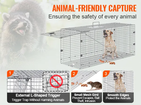 VEVOR-Käfigfalle für lebende Tiere mit externem L-förmigen Auslöser, kleinem Maschengitter und glatten Kanten.