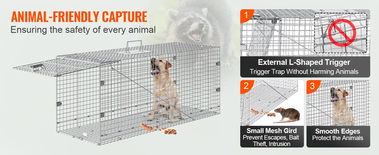 VEVOR-Käfigfalle für lebende Tiere mit externem L-förmigen Auslöser, kleinem Maschengitter und glatten Kanten.