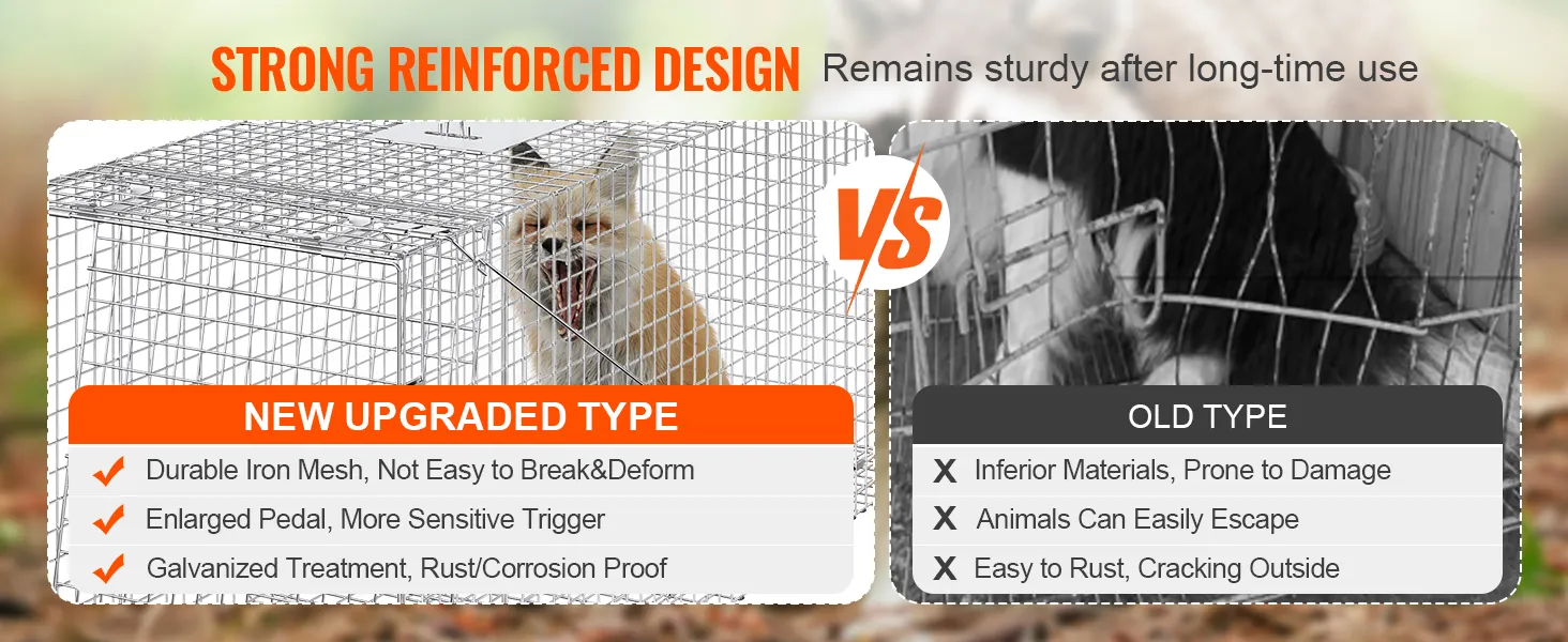 Stark verstärktes Design der VEVOR-Käfigfalle für lebende Tiere im Vergleich zum alten Typ, zeigt Haltbarkeit und Wirksamkeit.