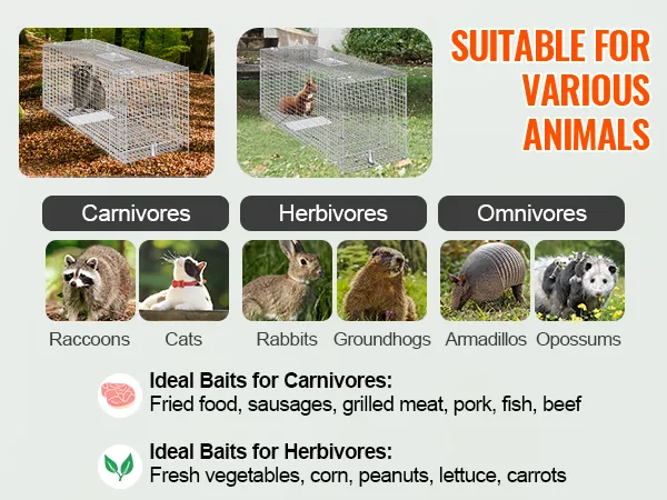 VEVOR Lebendtierkäfigfalle in einem Wald mit Waschbär und Garten mit Katze, geeignet für verschiedene Tiere.