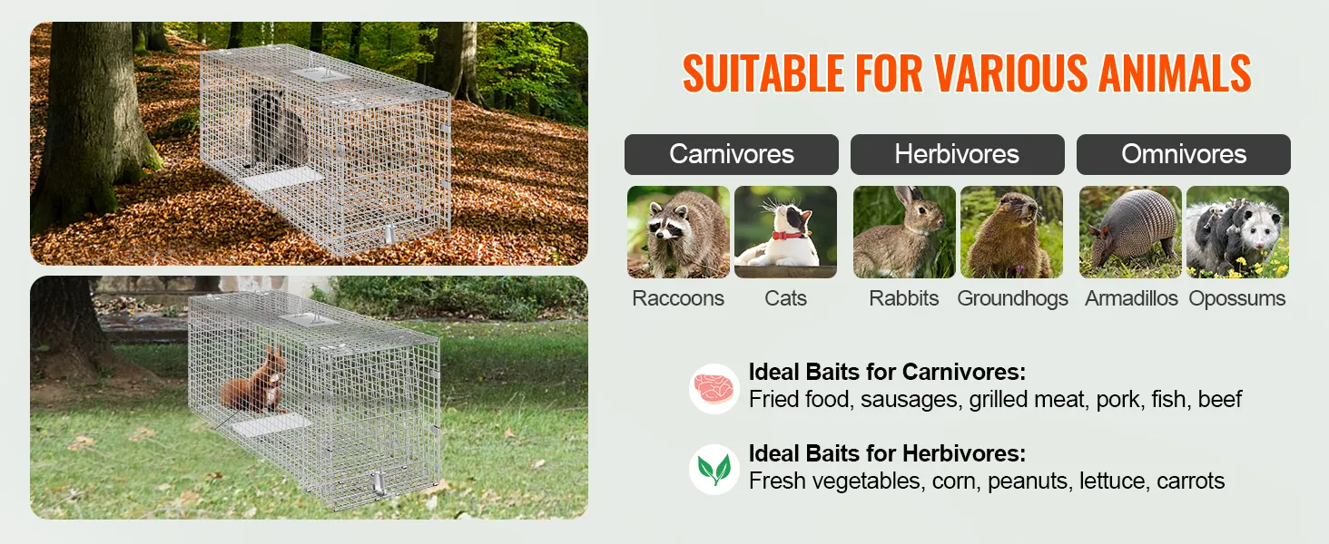 VEVOR Lebendtierkäfigfalle in einem Wald mit Waschbär und Garten mit Katze, geeignet für verschiedene Tiere.