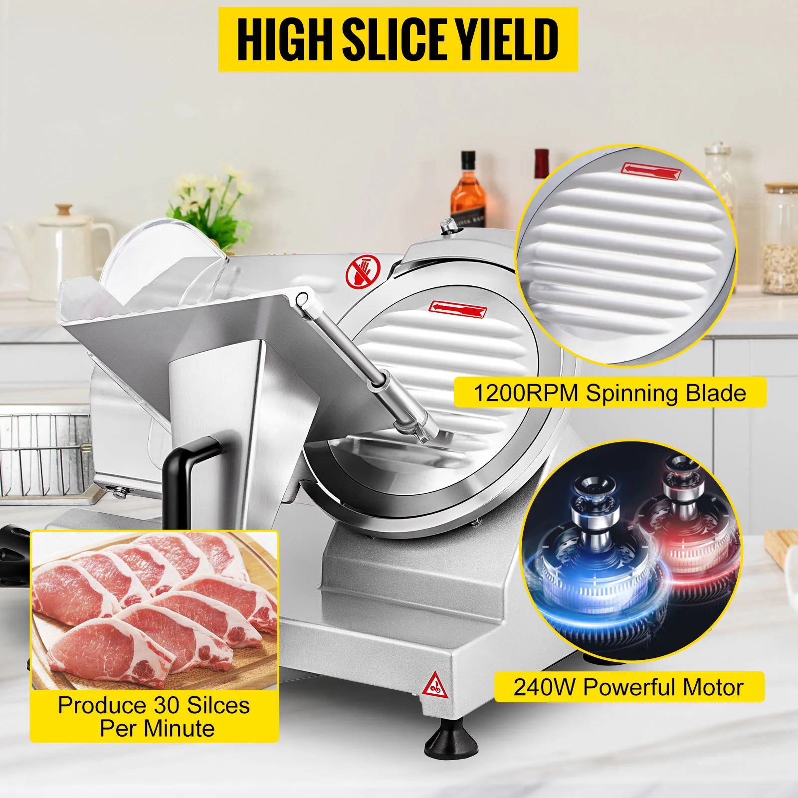 Cortadora de carne comercial VEVOR con cuchilla de 1200 rpm y motor de 240 W para un alto rendimiento de corte.