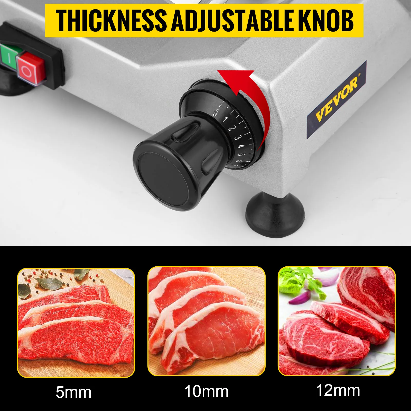 Cortadora de carne comercial VEVOR con perilla de grosor ajustable y tamaños de rebanada de 5 mm a 12 mm