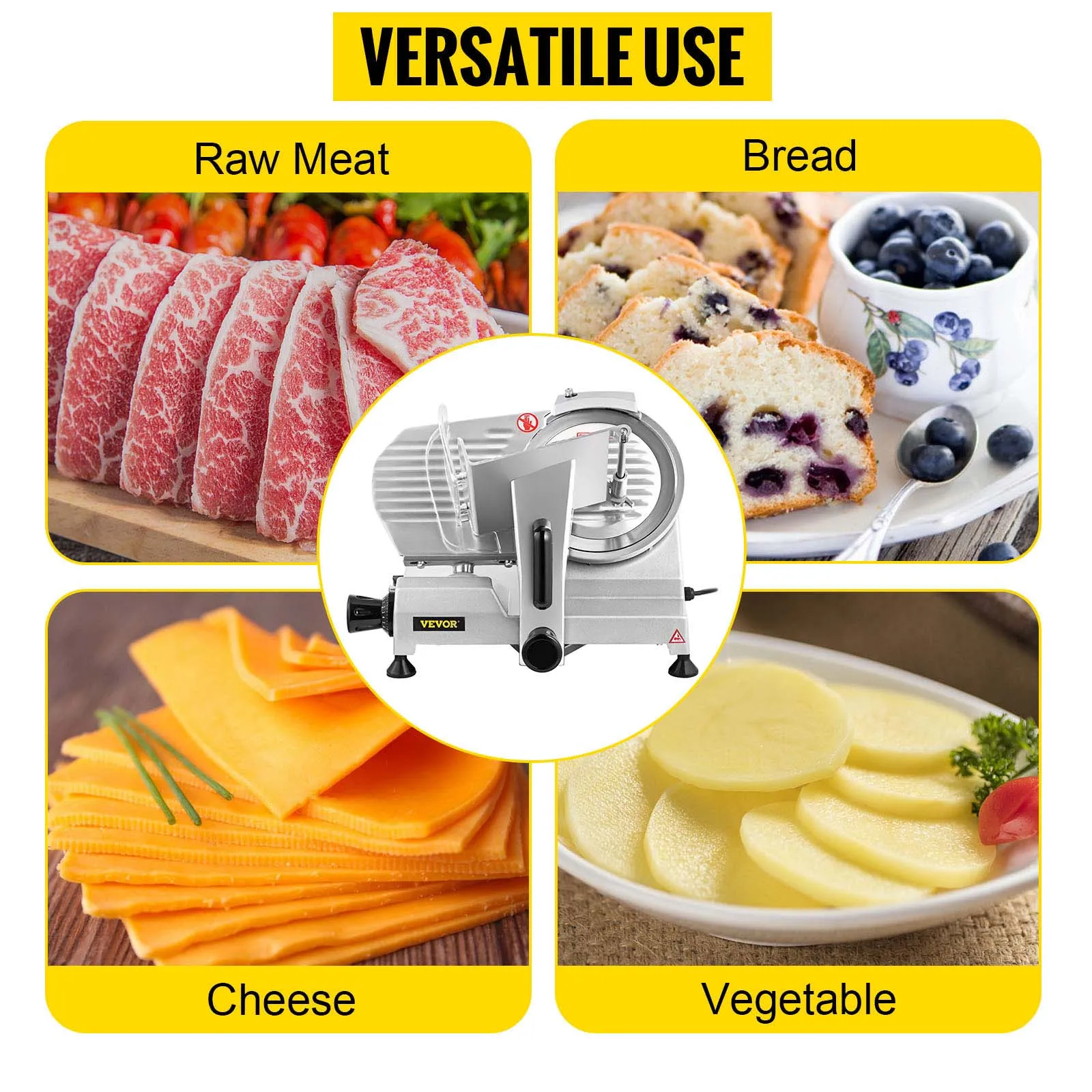 Cortadora de carne comercial VEVOR para cortar carne cruda, pan, queso y verduras.
