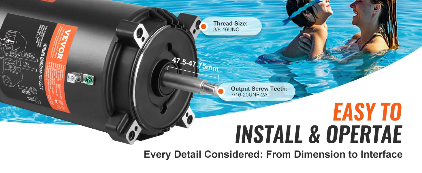 VEVOR pool pump motor with wiring diagram and measurements, easy to install and operate.
