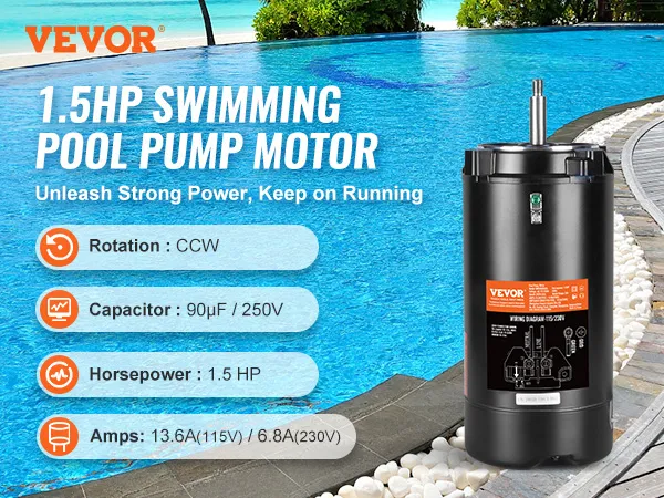 VEVOR pool pump motor by a luxurious swimming pool with deck seating, showcasing key specifications.