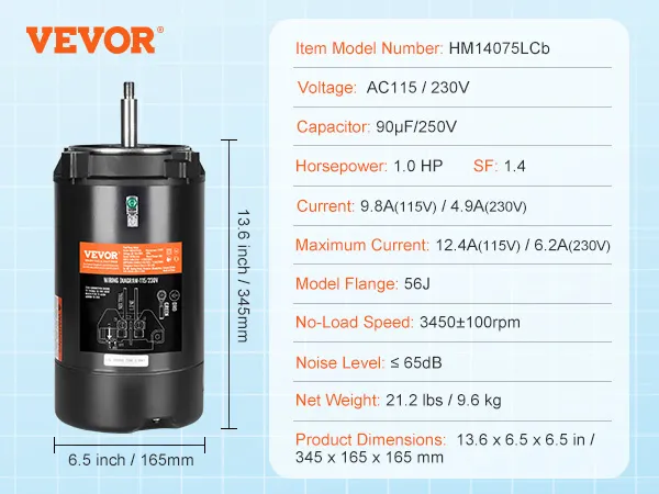 VEVOR zwembadpompmotor, hm14075lcb, 1,0 pk, ac115/230v, 3450 tpm, 65 db, 90 µf, 21,2 lbs