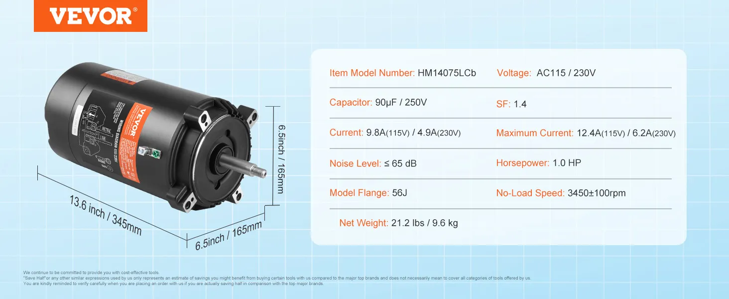 VEVOR zwembadpompmotor, hm14075lcb, 1,0 pk, ac115/230v, 3450 tpm, 65 db, 90 µf, 21,2 lbs