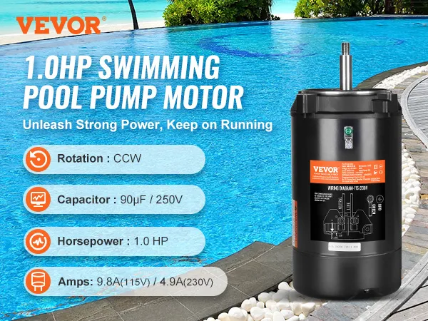 VEVOR zwembadpompmotor 1,0 pk naast een zwembad, specificaties gemarkeerd: 9,8a/4,9a, ccw, 90uf/250v.