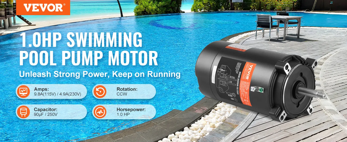 VEVOR zwembadpompmotor 1,0 pk naast een zwembad, specificaties gemarkeerd: 9,8a/4,9a, ccw, 90uf/250v.