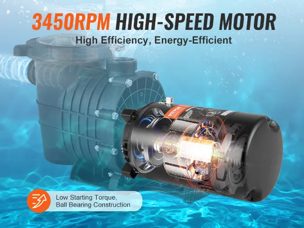 VEVOR zwembadpompmotor, 3450 tpm hoge snelheid, energiezuinig. Zorgt voor hoge prestaties met een lager energieverbruik.