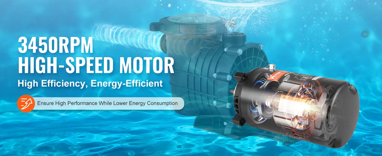 VEVOR zwembadpompmotor, 3450 tpm hoge snelheid, energiezuinig. Zorgt voor hoge prestaties met een lager energieverbruik.