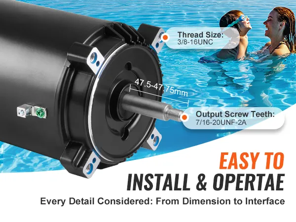 VEVOR zwembadpompmotor met gedetailleerde specificaties en twee zwemmende personen op de achtergrond, tekstoverlay.