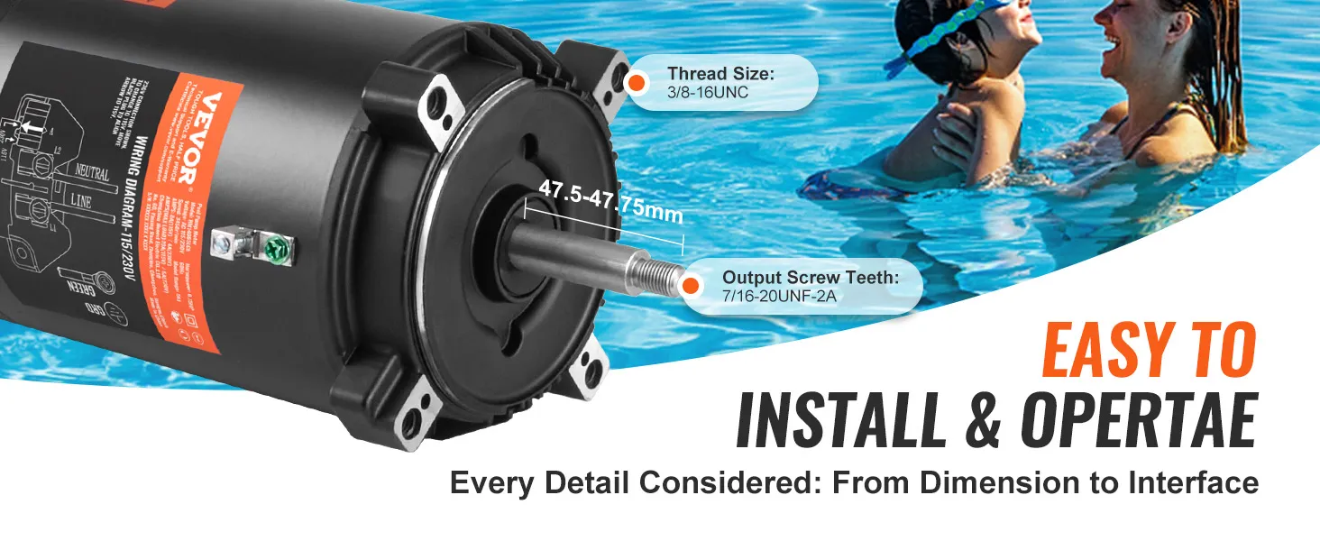 VEVOR zwembadpompmotor met gedetailleerde specificaties en twee zwemmende personen op de achtergrond, tekstoverlay.