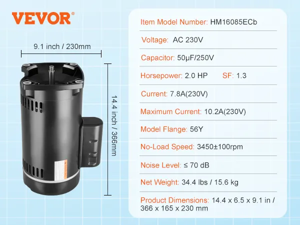 VEVOR-Poolpumpenmotor mit 2,0 PS, Wechselstrom 230 V, 56y-Flansch und 3450 U/min Geschwindigkeit. Abmessungen: 14,4" x 6,5" x 9,1".