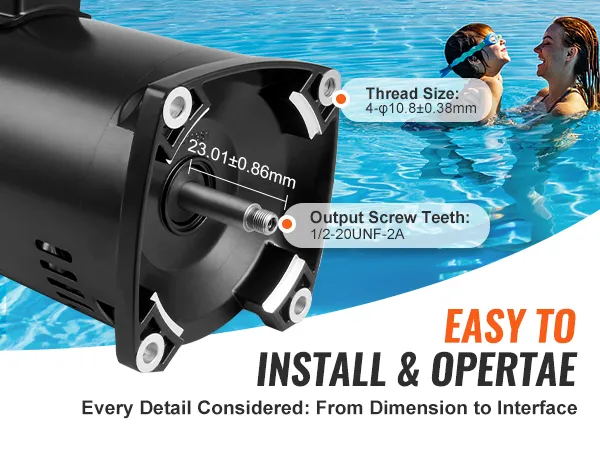 Nahaufnahme des VEVOR-Poolpumpenmotors neben einem Pool. Einbaumaße und Spezifikationen werden gezeigt.