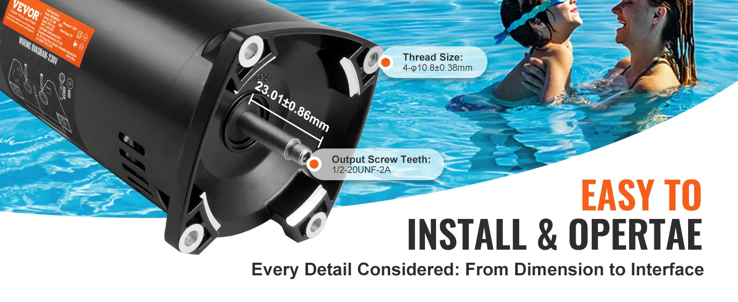 Nahaufnahme des VEVOR-Poolpumpenmotors neben einem Pool. Einbaumaße und Spezifikationen werden gezeigt.