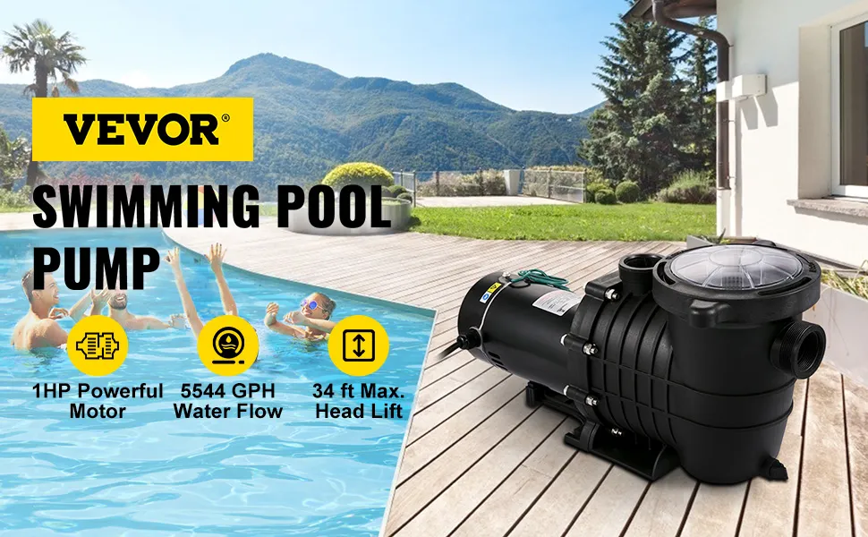 Bomba de piscina VEVOR junto a una piscina con montañas al fondo.