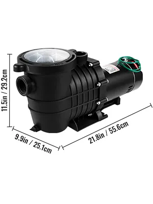 Bomba de piscina VEVOR, dimensiones: 11,5 pulgadas x 9,9 pulgadas x 21,8 pulgadas.