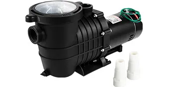 Bomba de piscina VEVOR en color negro con dos adaptadores de manguera blancos sobre fondo blanco.