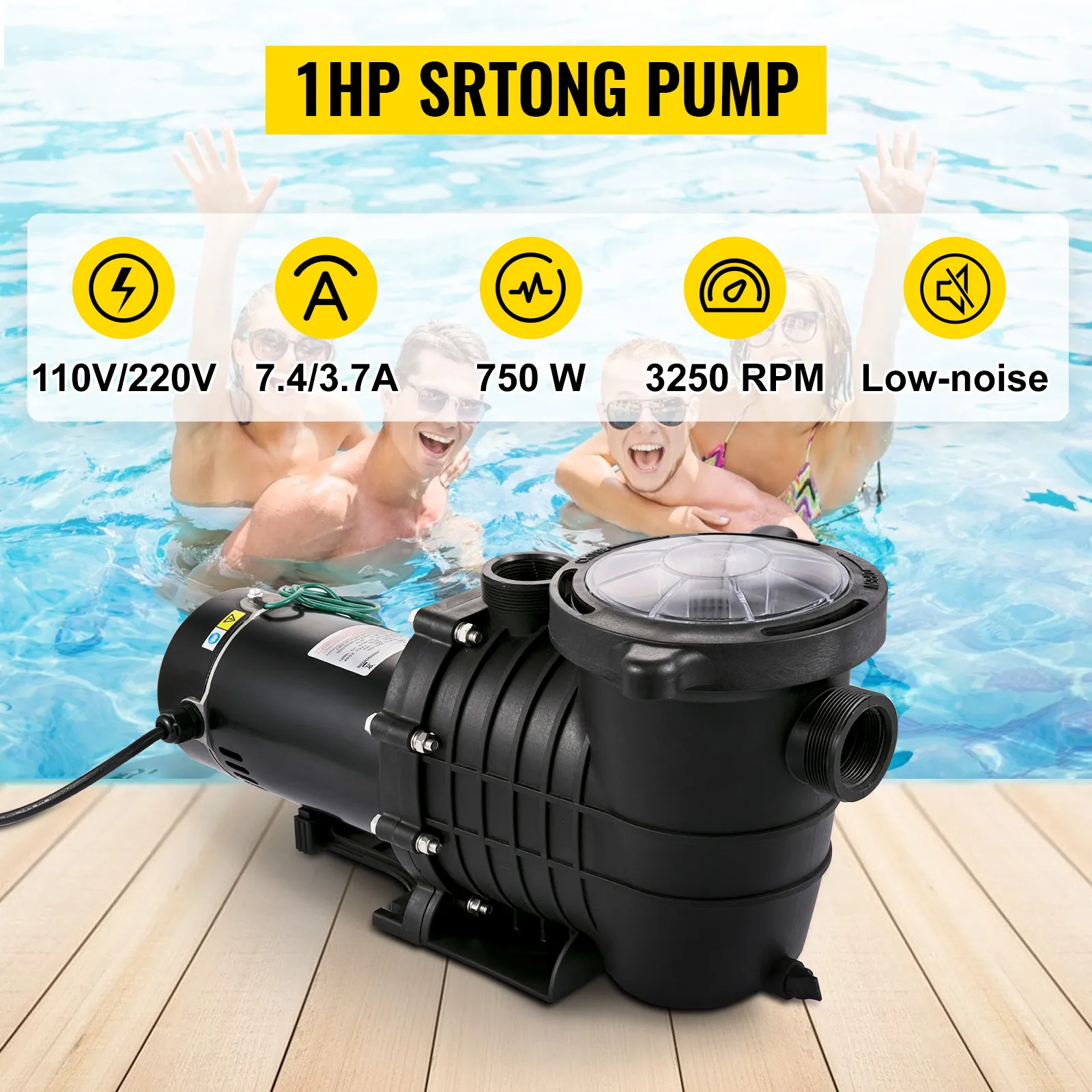 Bomba de piscina VEVOR, 1 hp, 110 v/220 v, 6,7 a, 750 w, 50 hz, bajo nivel de ruido, fondo de piscina