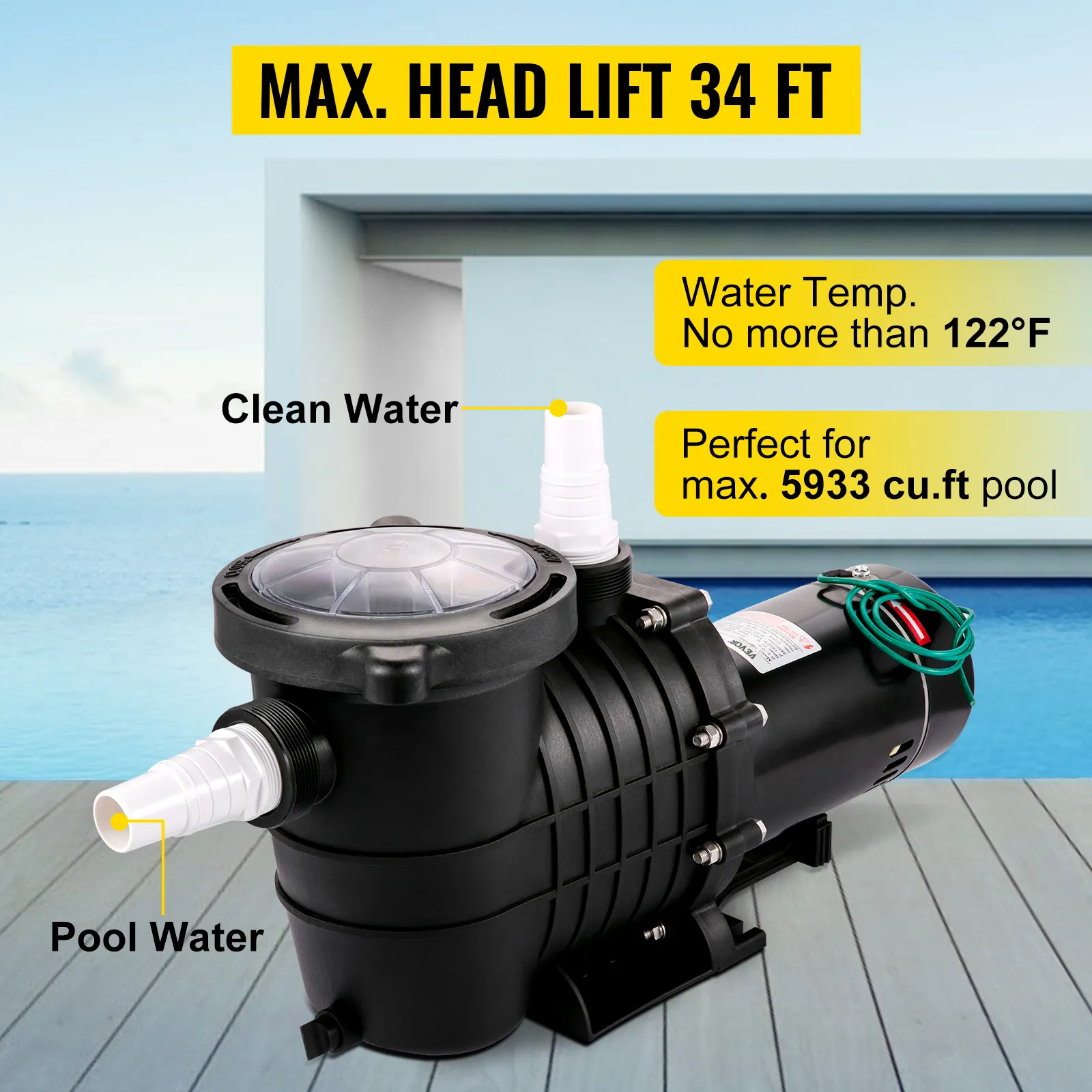 Bomba de piscina VEVOR con elevación máxima de 34 pies, para piscinas de hasta 5933 pies cúbicos.
