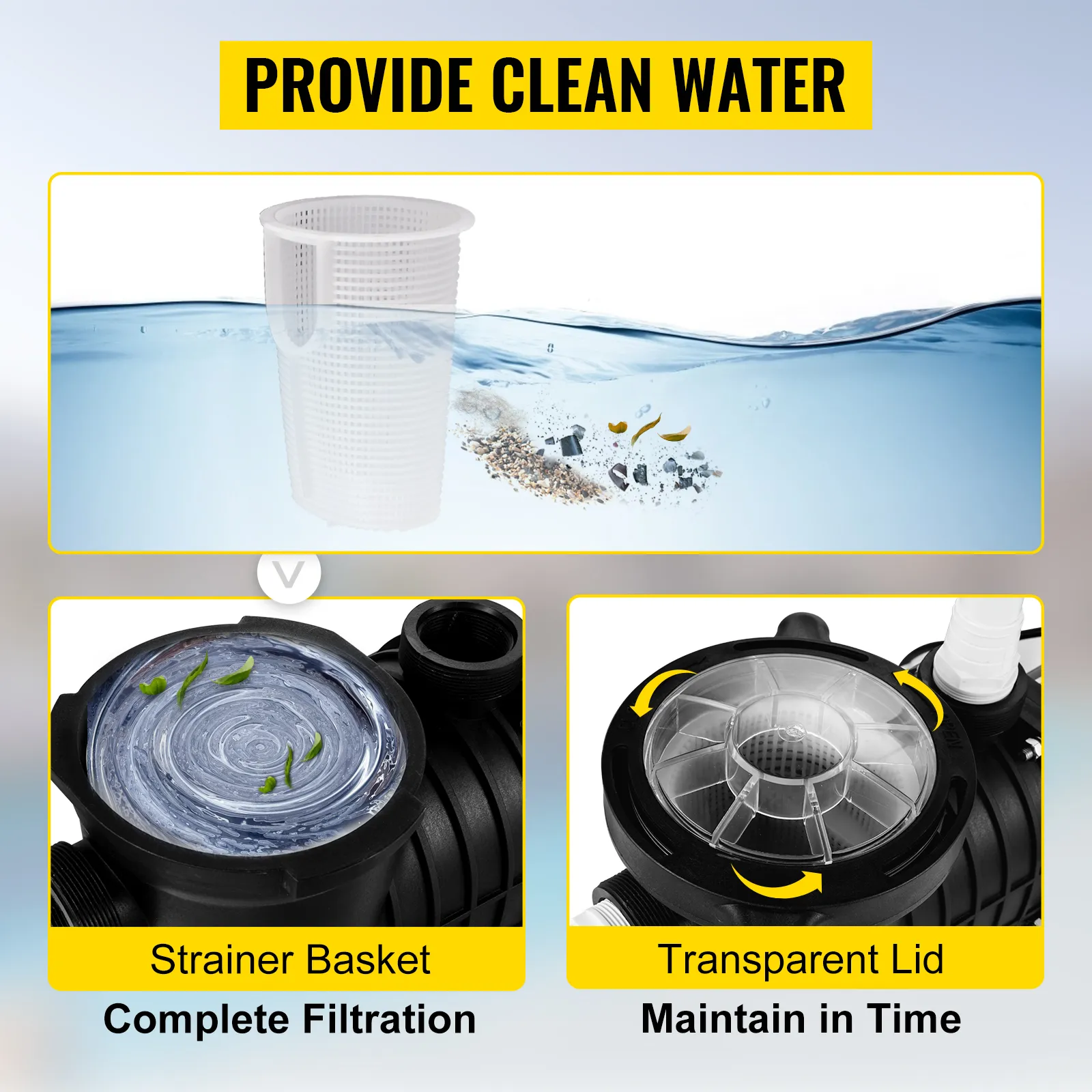 Bomba de piscina VEVOR con cesto colador y tapa transparente para agua limpia