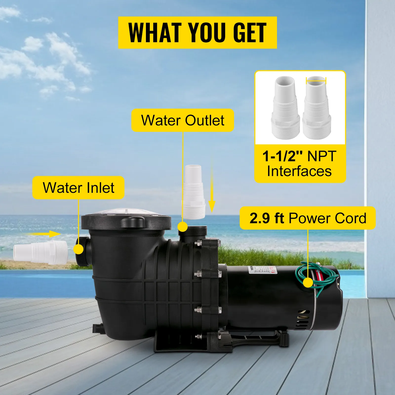 Bomba de piscina VEVOR con interfaces npt de 1-1/2" y cable de alimentación de 2,9 pies junto a la playa.