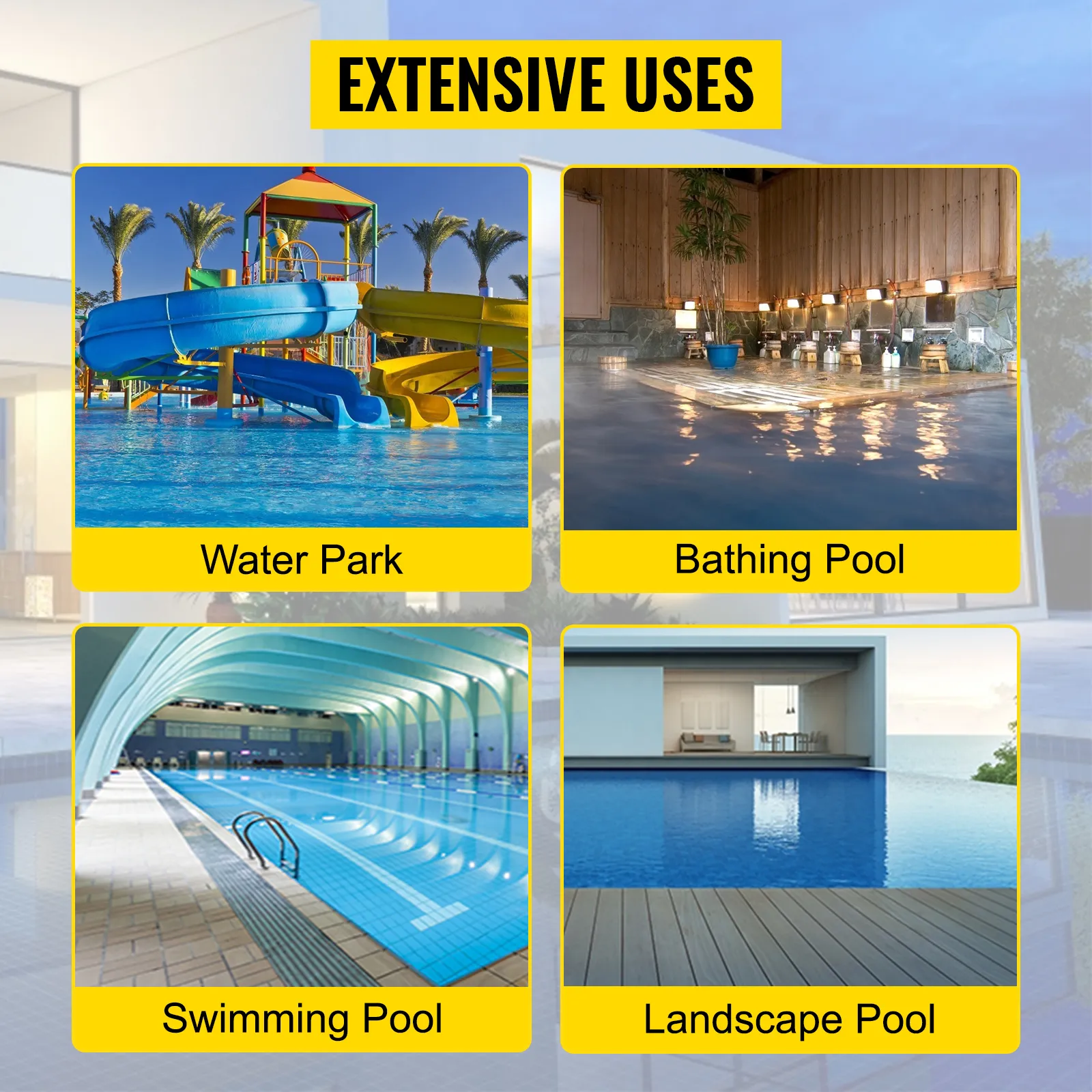 Amplios usos de la bomba de piscina VEVOR: parque acuático, piscina de baño, piscina de natación, piscina paisajística.