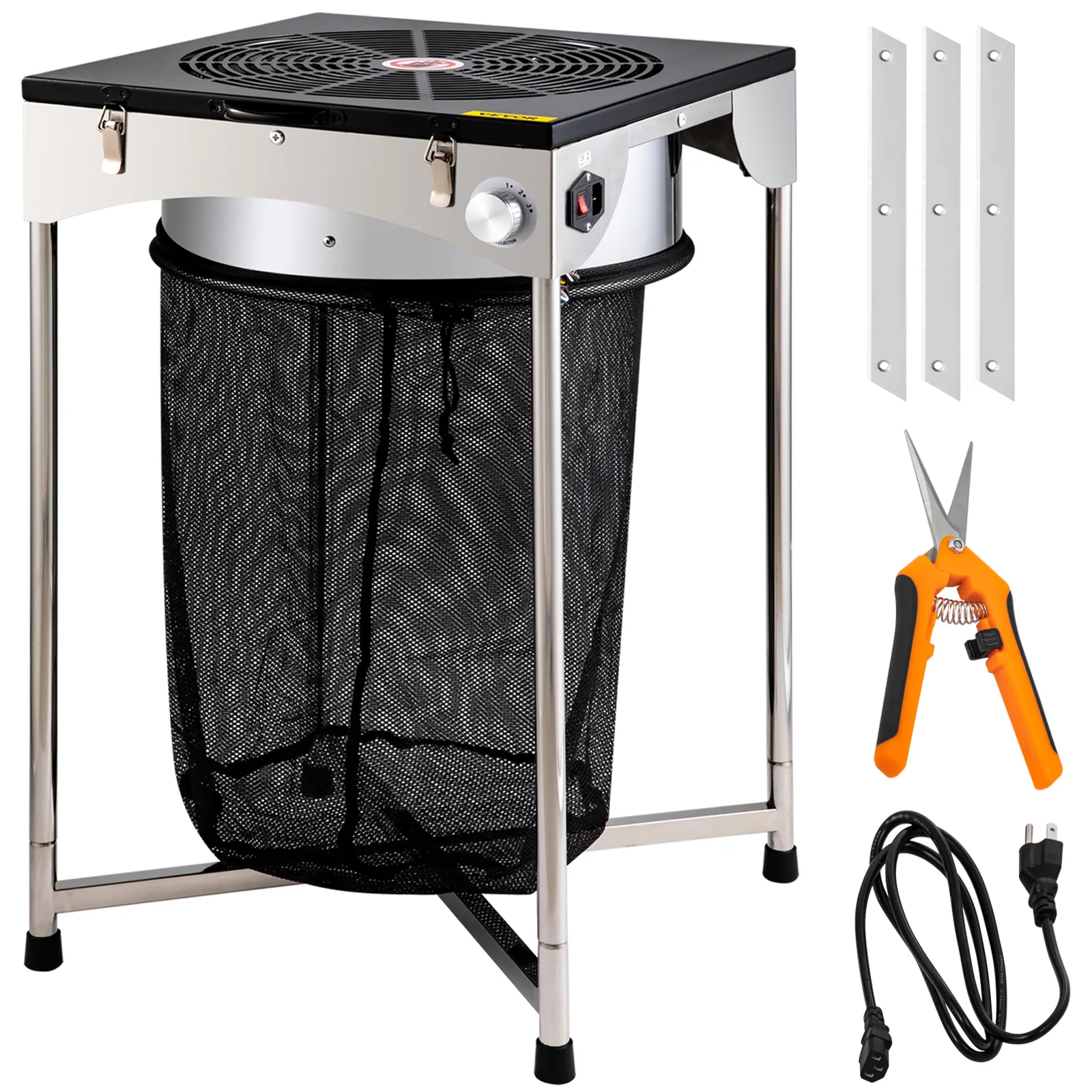 VEVOR bud leaf trimmer with mesh bag, pruning shears, extra blades, and power cord.