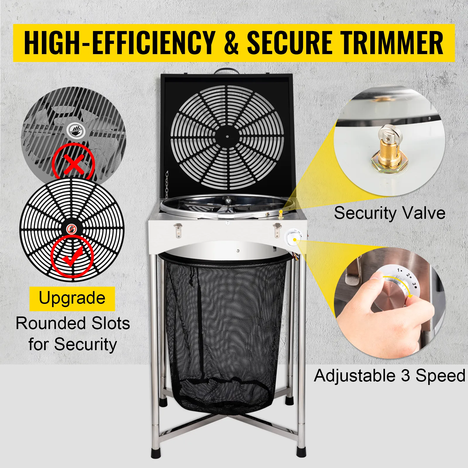 VEVOR bud leaf trimmer with security valve, rounded slots, and adjustable 3-speed dial.