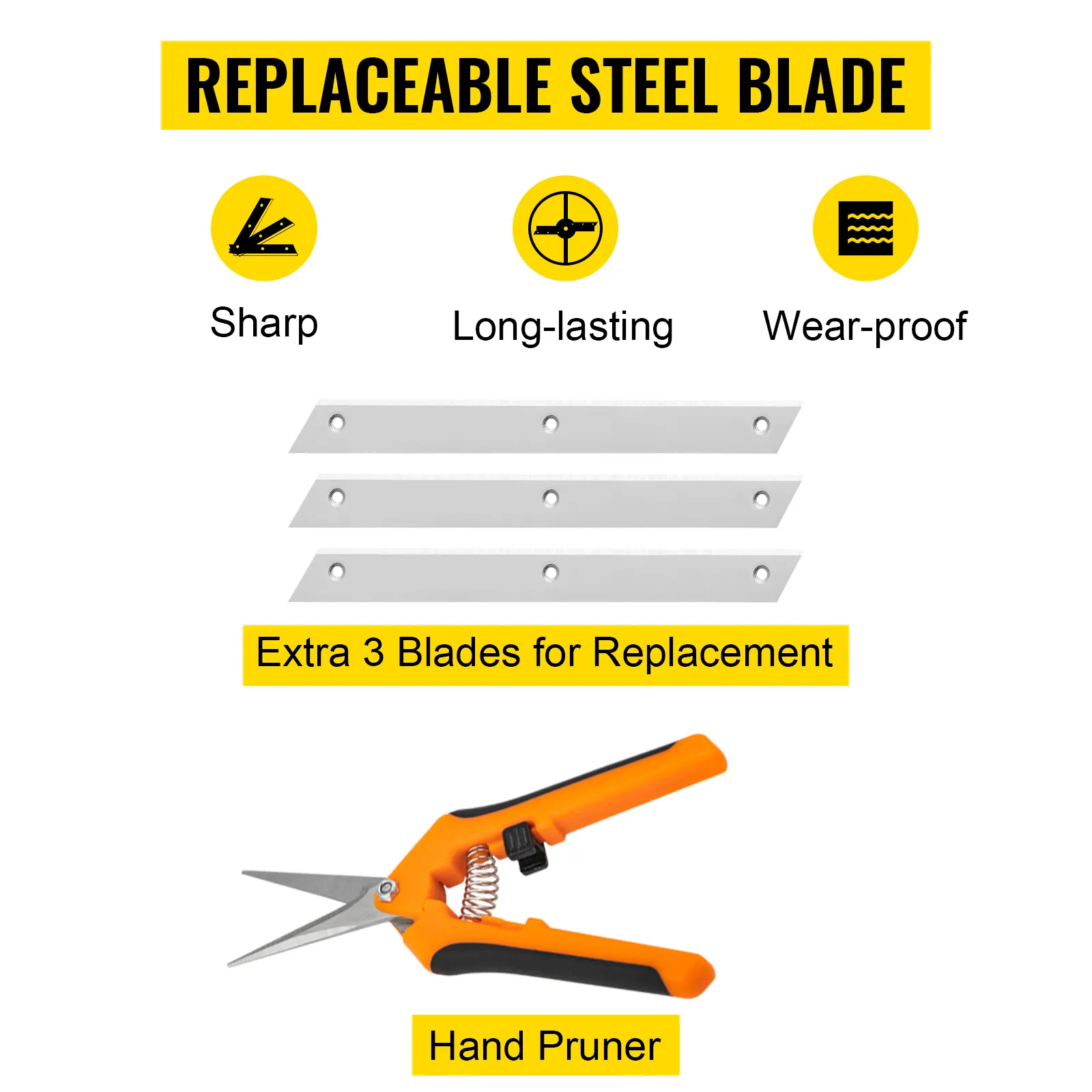 replaceable steel blade set with sharp, long-lasting, wear-proof features, and hand pruner.