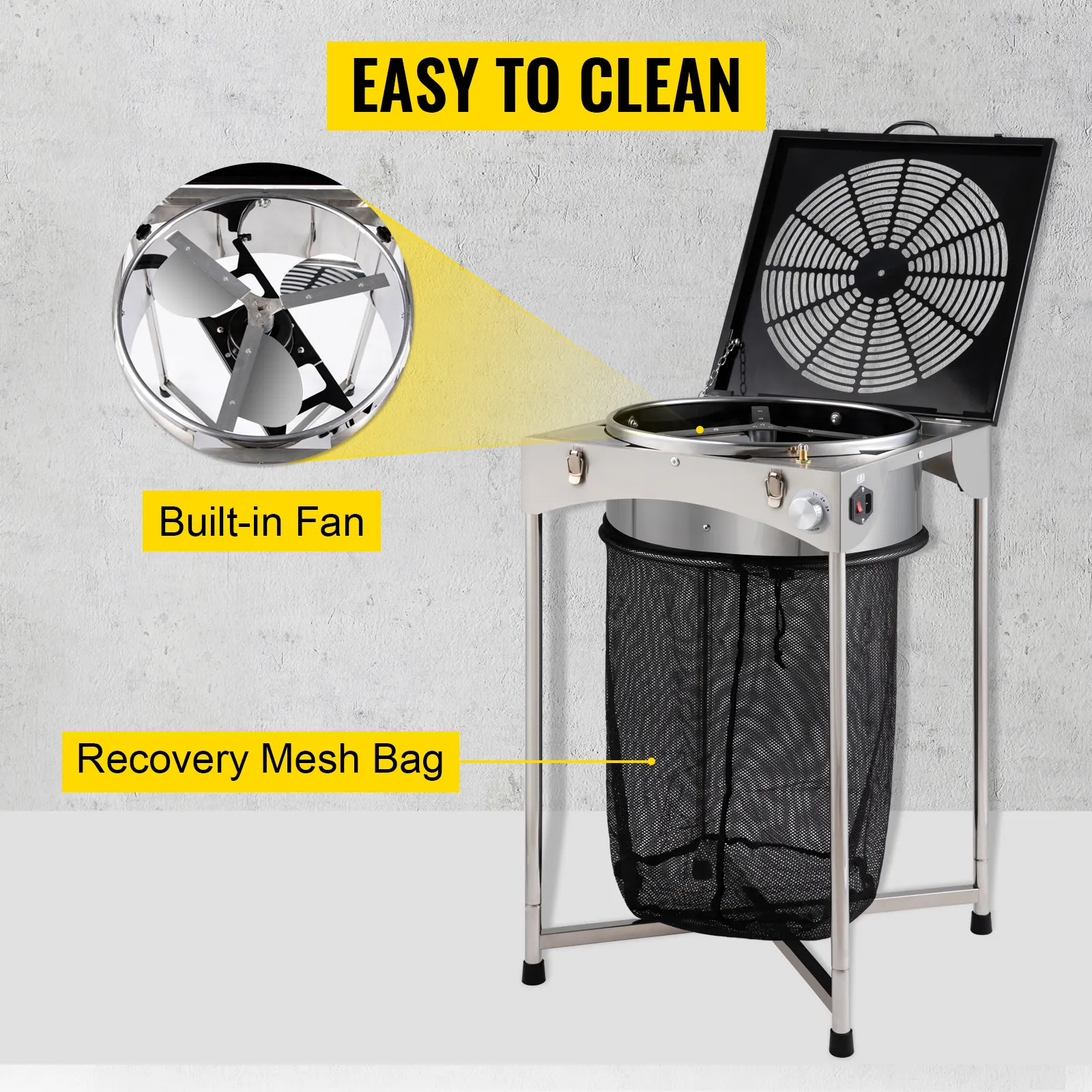 VEVOR bud leaf trimmer with built-in fan and recovery mesh bag, easy to clean.