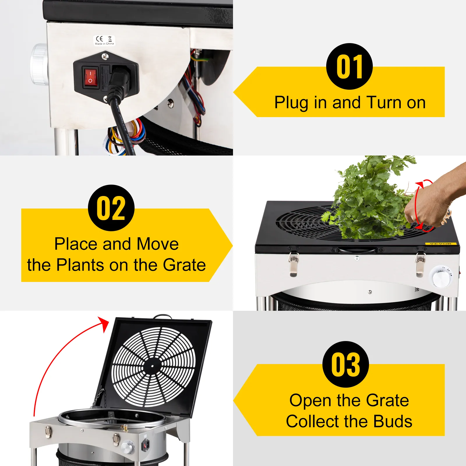 VEVOR bud leaf trimmer steps: plug in, place plants on grate, open grate to collect buds.