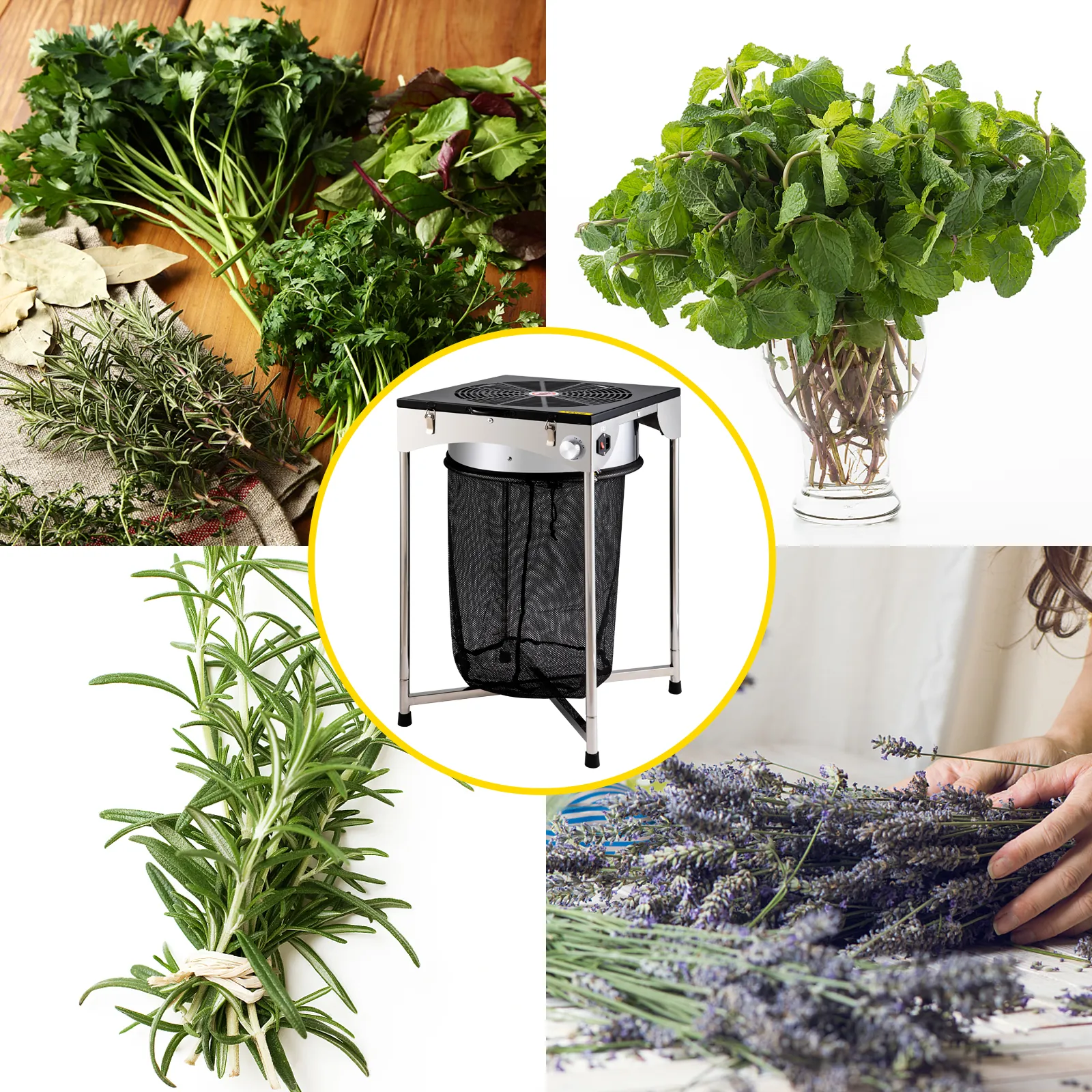 VEVOR bud leaf trimmer with assorted fresh herbs, including mint and rosemary.
