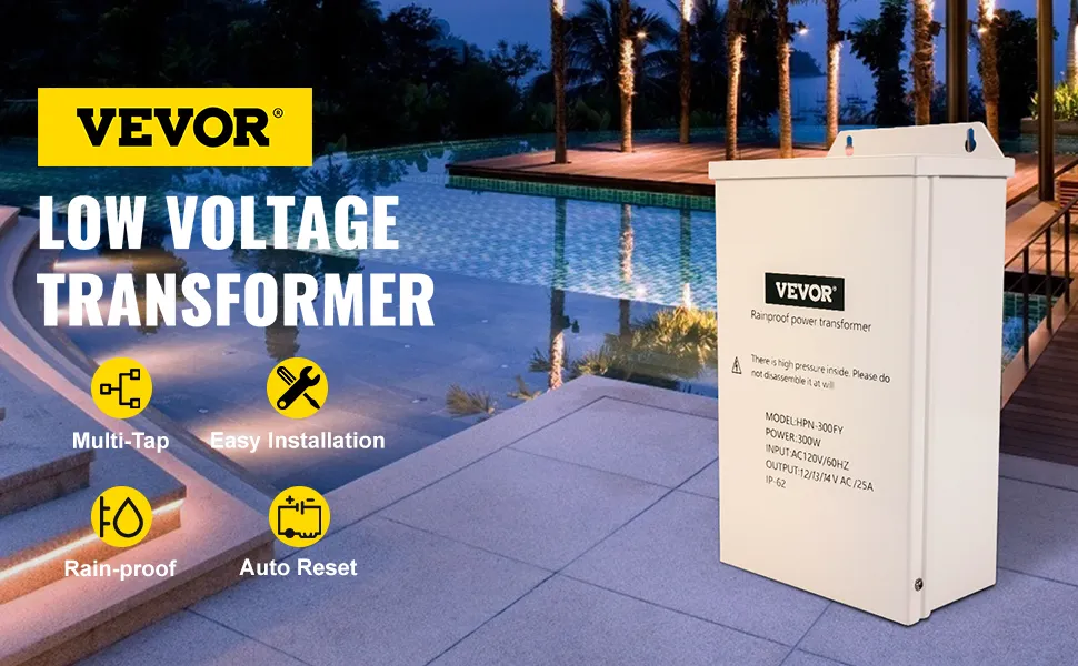 Transformador de luz de piscina VEVOR junto a una piscina exterior moderna e iluminada, que muestra características clave.