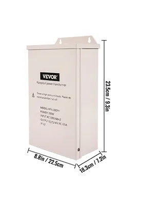 Transformador de luz de piscina VEVOR, gris, medidas detalladas, diseño elegante.