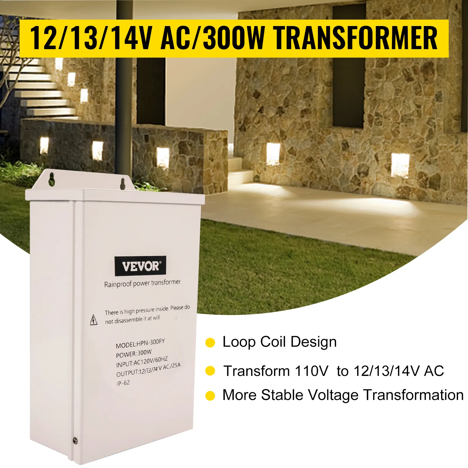 Transformador de luz de piscina VEVOR en una configuración de iluminación exterior con paredes de piedra.