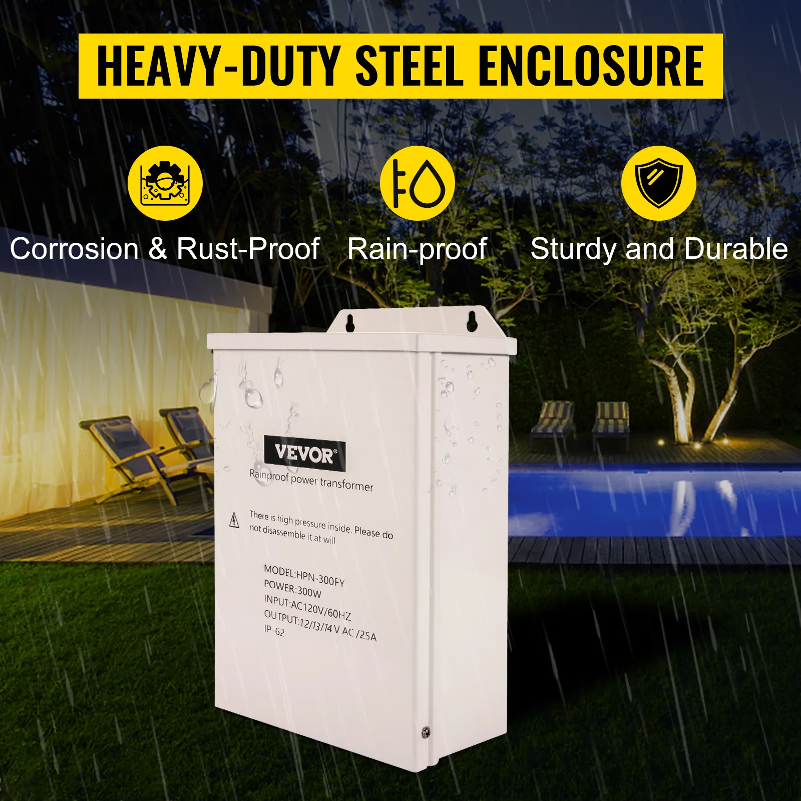 Transformador de luz de piscina VEVOR con carcasa de acero resistente, a prueba de lluvia y a prueba de óxido.