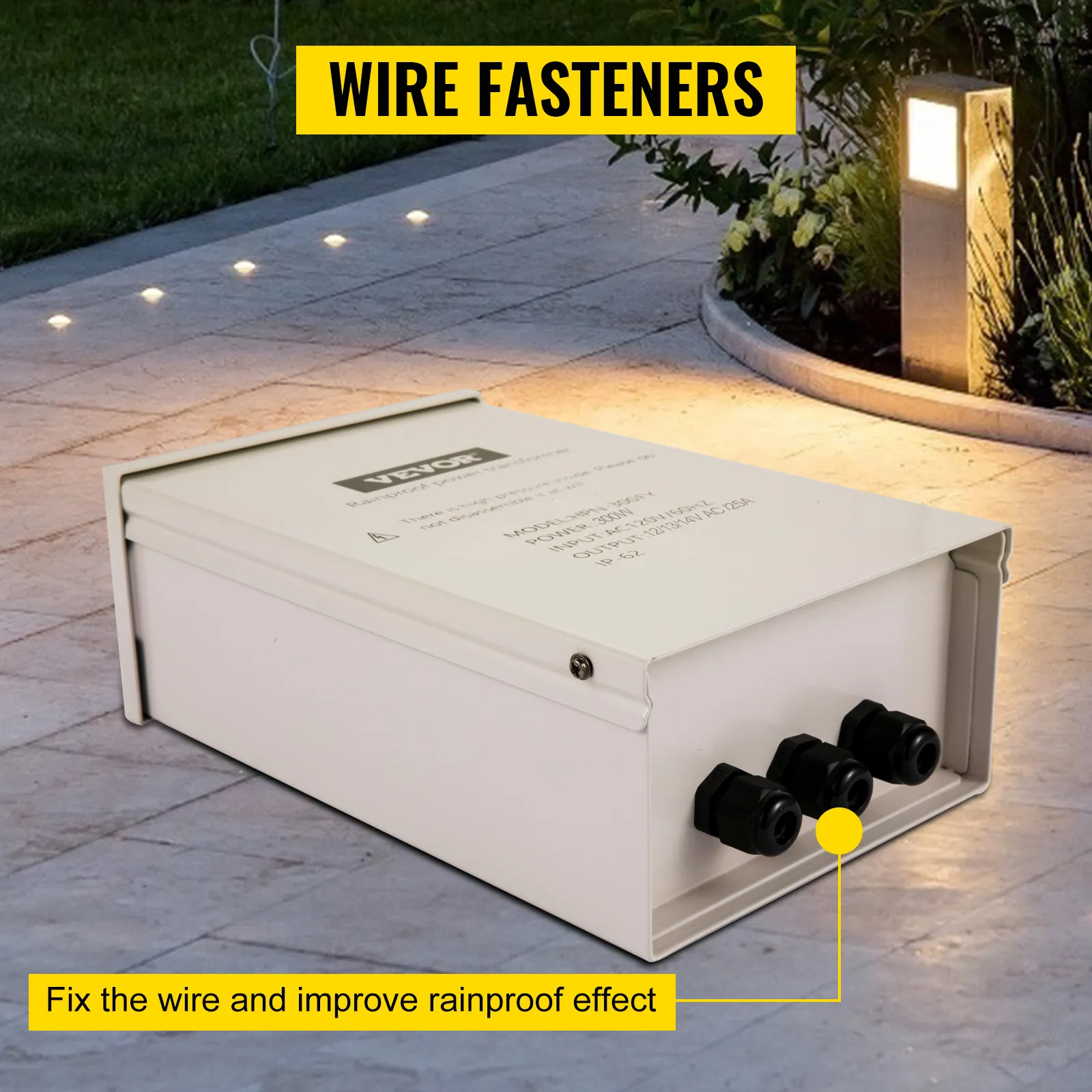 Transformador de luz de piscina VEVOR con sujetadores de alambre para instalación exterior a prueba de lluvia.