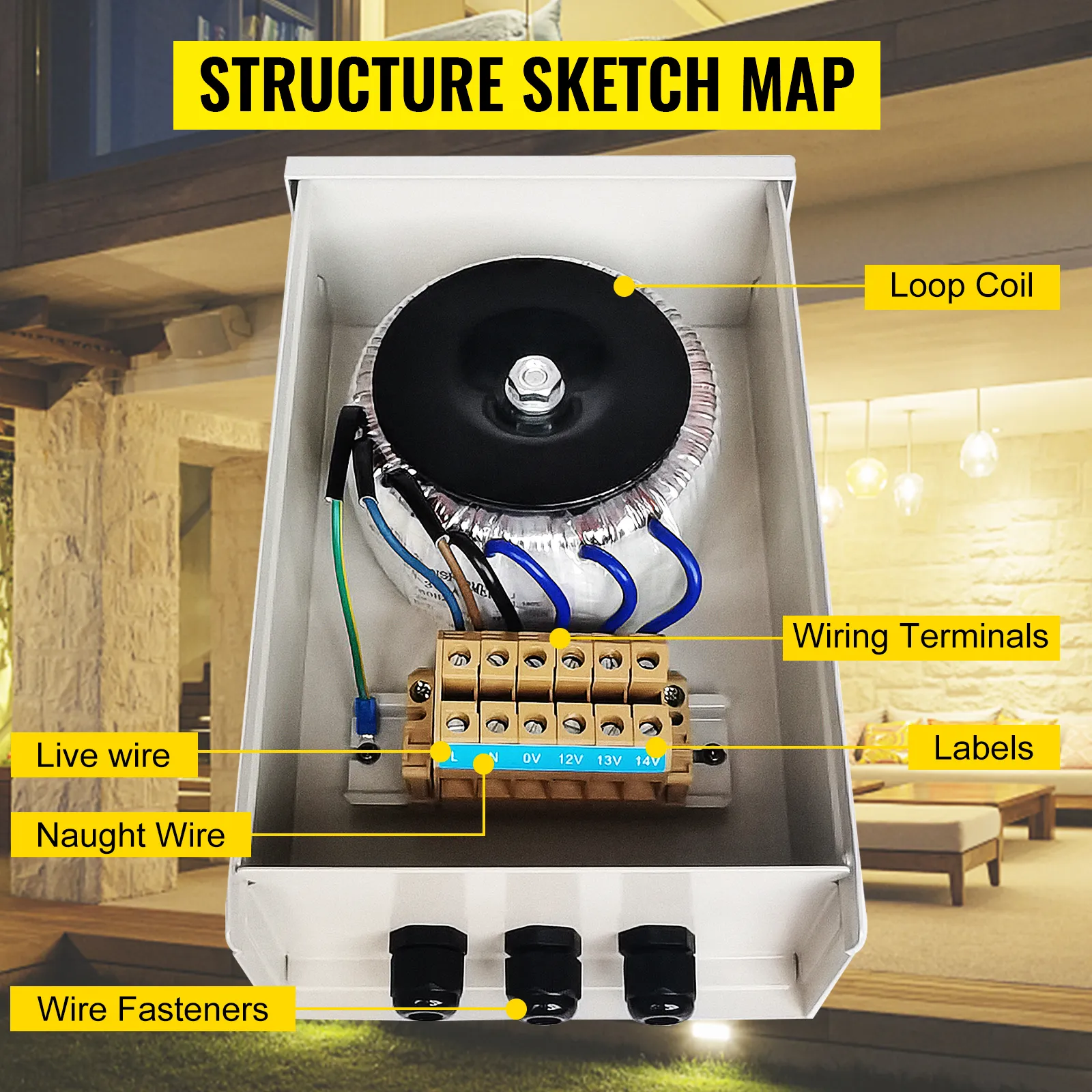 Estructura del transformador de luz de piscina VEVOR con terminales de cableado y bobina de bucle etiquetada.