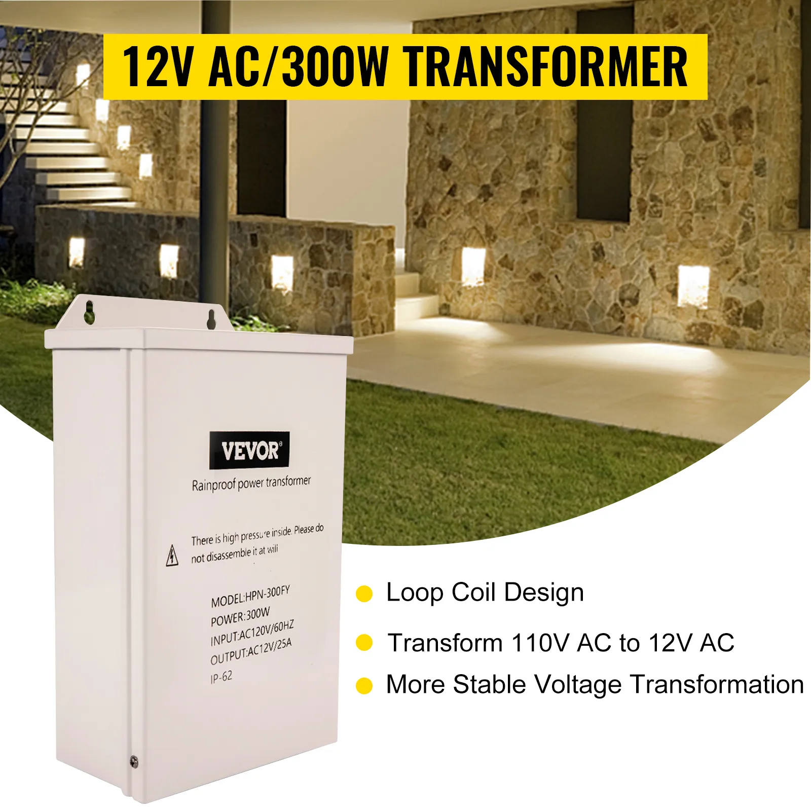 Transformador de luz de piscina VEVOR, 12v ac/300w, instalación exterior por la noche.