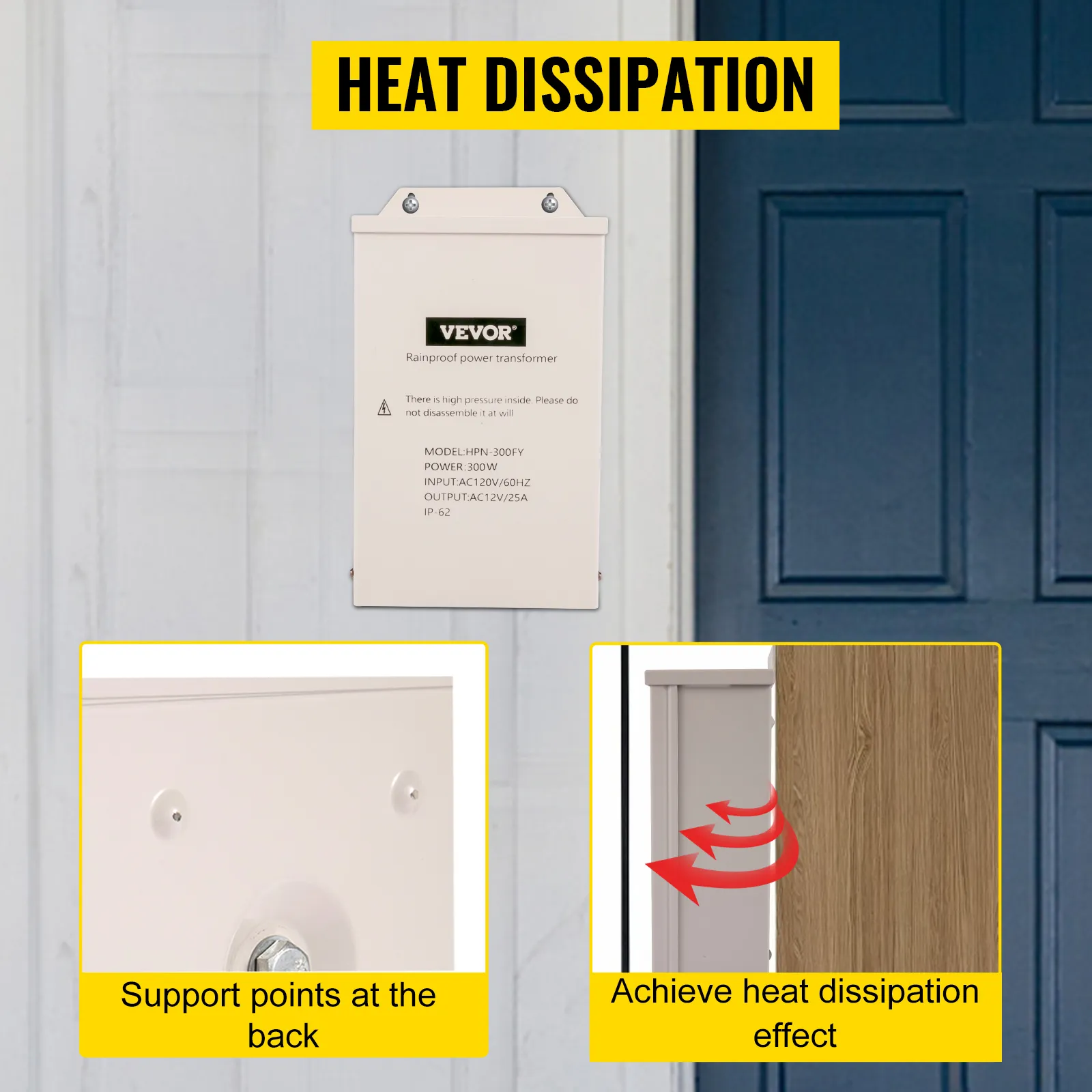 Transformador de luz de piscina VEVOR que muestra puntos de apoyo y disipación de calor efectiva.