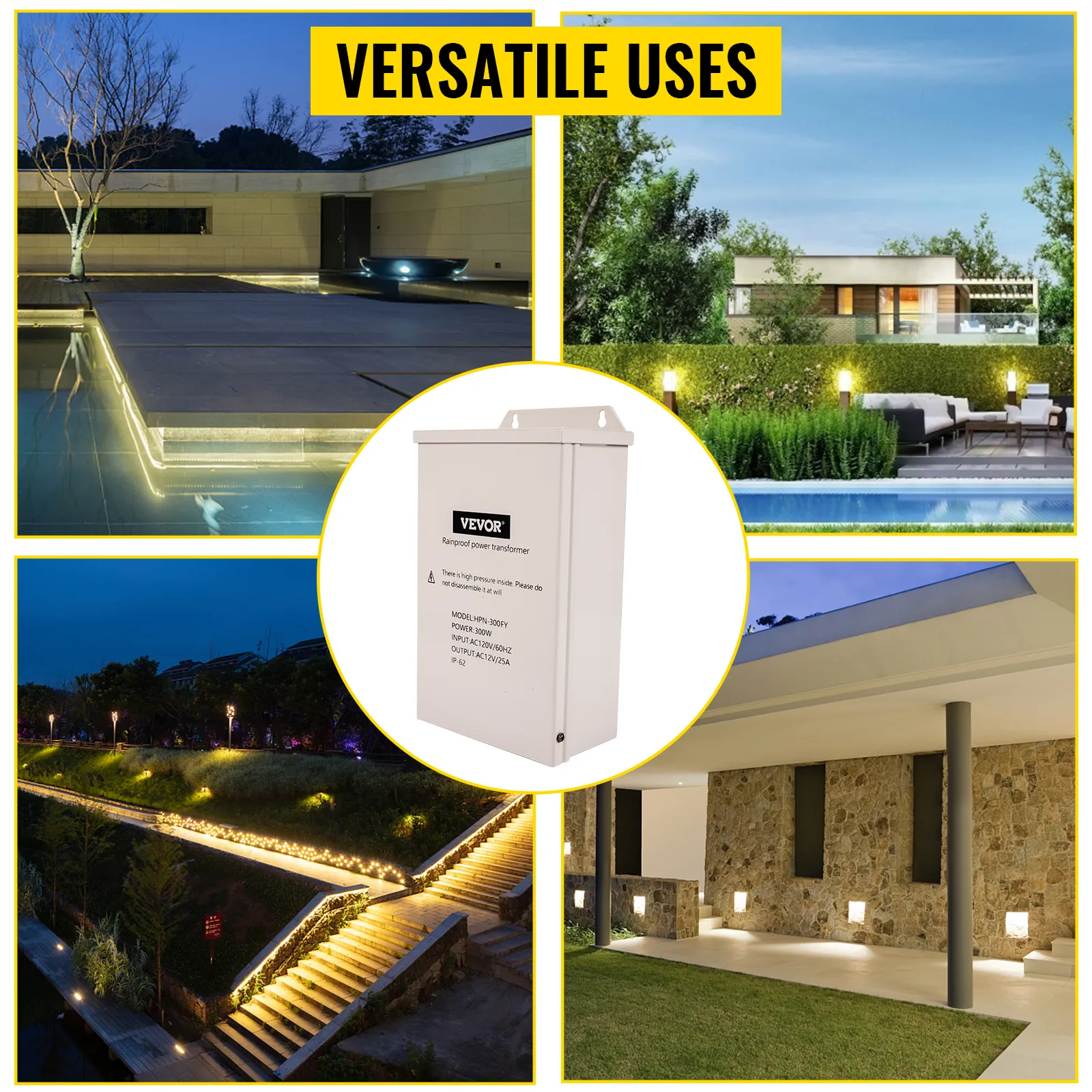 Transformador de luz de piscina VEVOR para usos versátiles de iluminación exterior, incluidas piscinas y jardines.