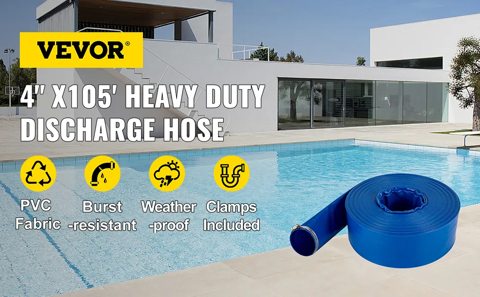 VEVOR discharge hose by a pool, featuring pvc, burst-resistant, weatherproof, clamps included.